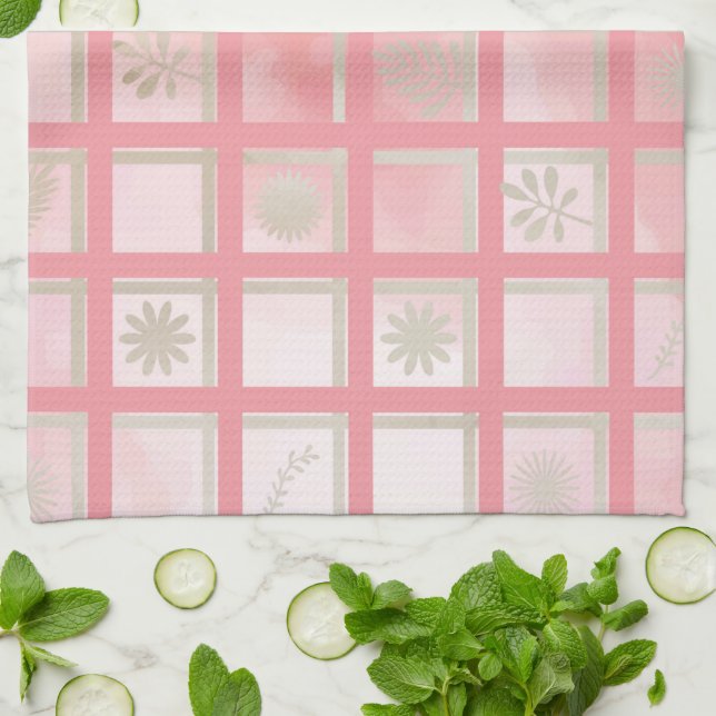 Squares Pink Floral Pattern Tea Towel (Folded)