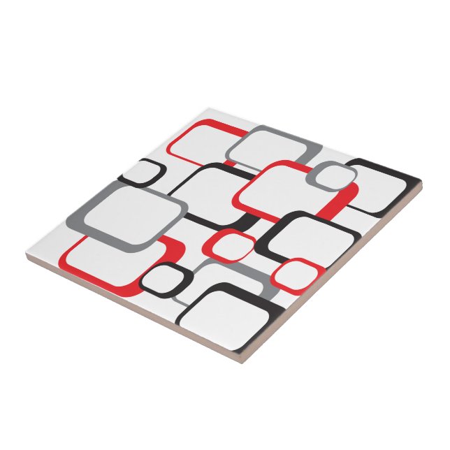 Squares Red Black Grey White Retro Ceramic Tile (Side)
