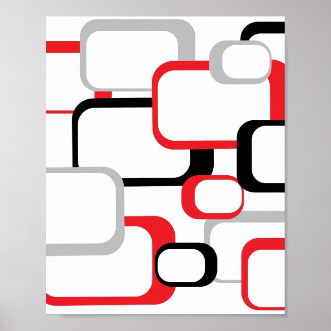 Squares Retro Pattern Black Gray Red White Poster (Front)