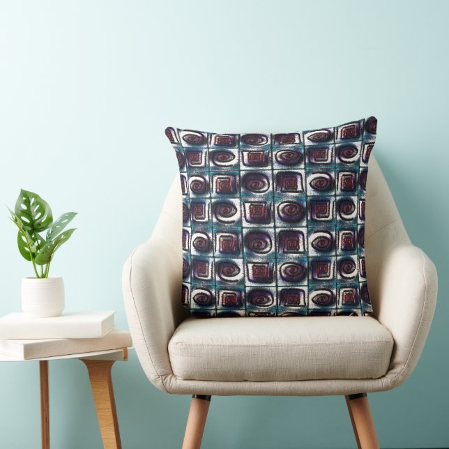 Squares with spiral drawing, cyan drizzle effect cushion (Chair)