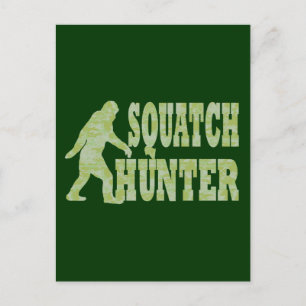 Squatch hunter on camouflage postcard