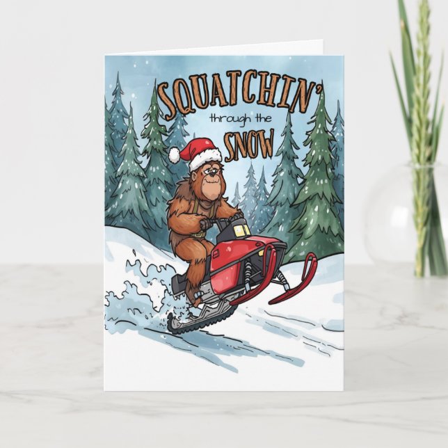 Squatchin' through the Snow Bigfoot Christmas Holiday Card (Front)