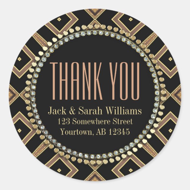 Squaza Art Deco Gold Black ThankYou Round Stickers (Front)