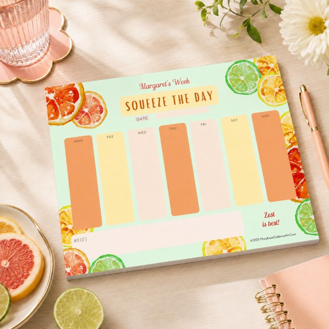 Squeeze The Day Citrus Motivation Weekly Planner Notepad (This citrus week-at-a-glance notepad challenges you to Squeeze the Day!)