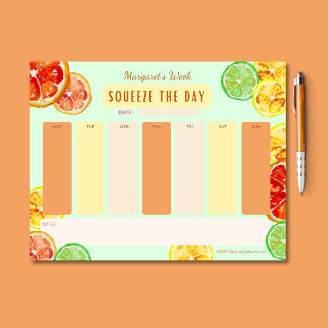 Squeeze The Day Citrus Motivation Weekly Planner Notepad (This citrus week-at-a-glance notepad has a zesty palette of orange, lime green, and lemon yellow.)
