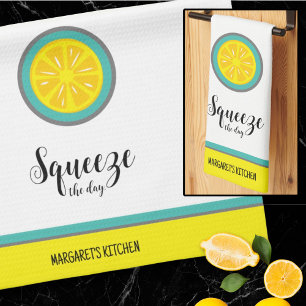 Squeeze the Day Cute Lemon Teal Fruit Pun Tea Towel
