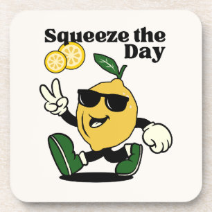 SQUEEZE THE DAY FUNNY LEMON PUN RETRO MASCOT COASTER
