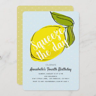 Squeeze the Day Lemon Citrus Blue Birthday Invitation