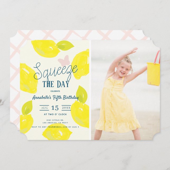 Squeeze the Day Lemon Citrus Girl Birthday Photo Invitation (Front/Back)