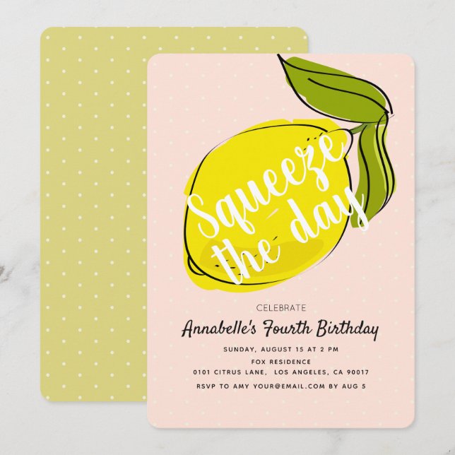 Squeeze the Day Lemon CItrus Pink Girl Birthday Invitation (Front/Back)