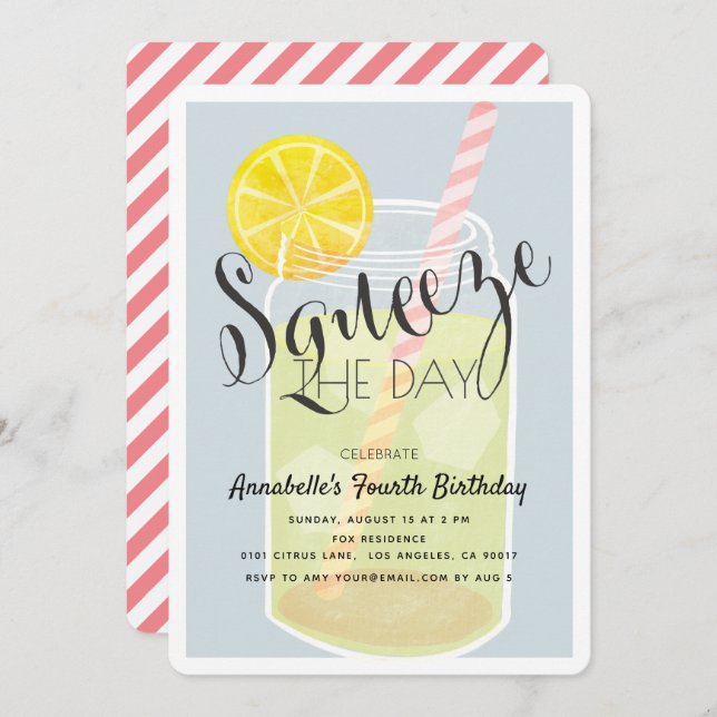 Squeeze the Day Lemonade Jar Birthday Invitation (Front/Back)