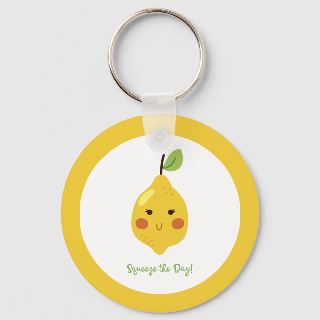 Squeeze the Day Punny Lemon Yellow Key Ring (Front)