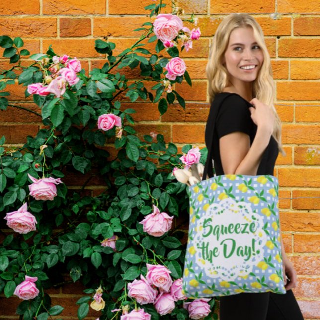 Squeeze The Day Yellow Lemons Blue White Check Tote Bag (Start the day with a squeeze!)