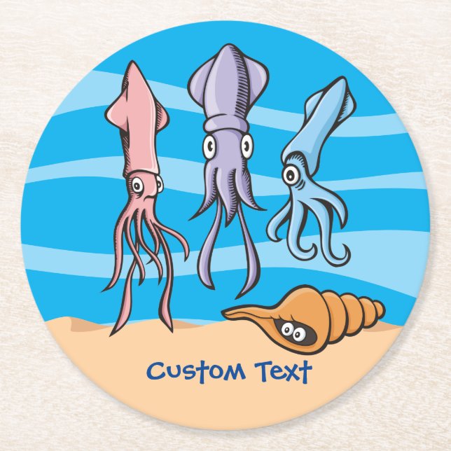 Squid Cartoons Round Paper Coaster (Front)