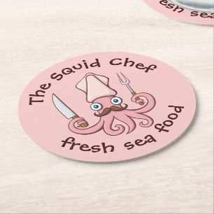 Squid Chef Cartoon Round Paper Coaster