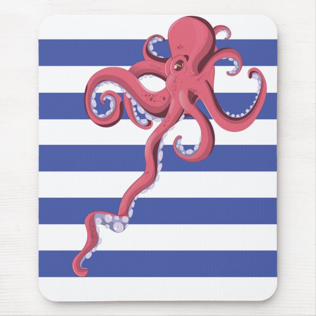 Squid diving underwater featuring stripes. mouse pad (Front)