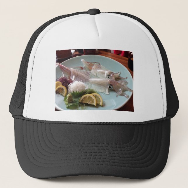 Squid Sashimi Japanese Meal Serving Lunch Dinner Trucker Hat (Front)