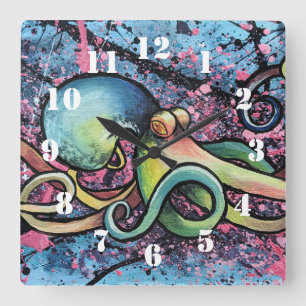 Squid Splatter Art Square Wall Clock