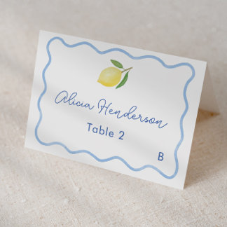 Squiggle Border Pale Blue Lemon Wedding Place Card