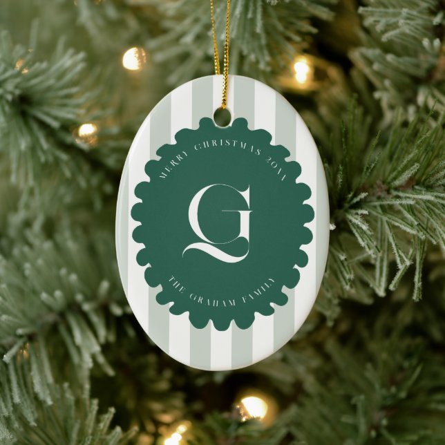 Squiggle Frame & Stripes Monogram Christmas Photo Ceramic Ornament (Tree)
