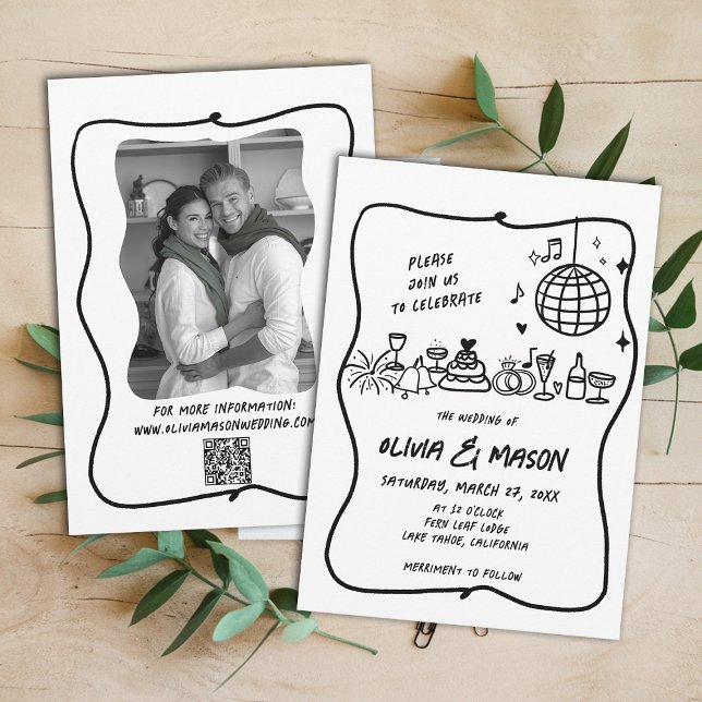 Squiggle Hand-Drawn Modern Funky Unique Wedding Invitation (hand drawn wedding invitation doodle illustration squiggle wavy frame black white modern)