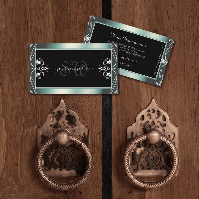 Squiggled Black and Teal Sparkle Diamonds Initials Business Card (Creator Uploaded)