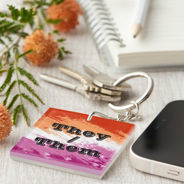 Squiggly Customisable Pronoun Lesbian Pride Flag Key Ring (Front Right)