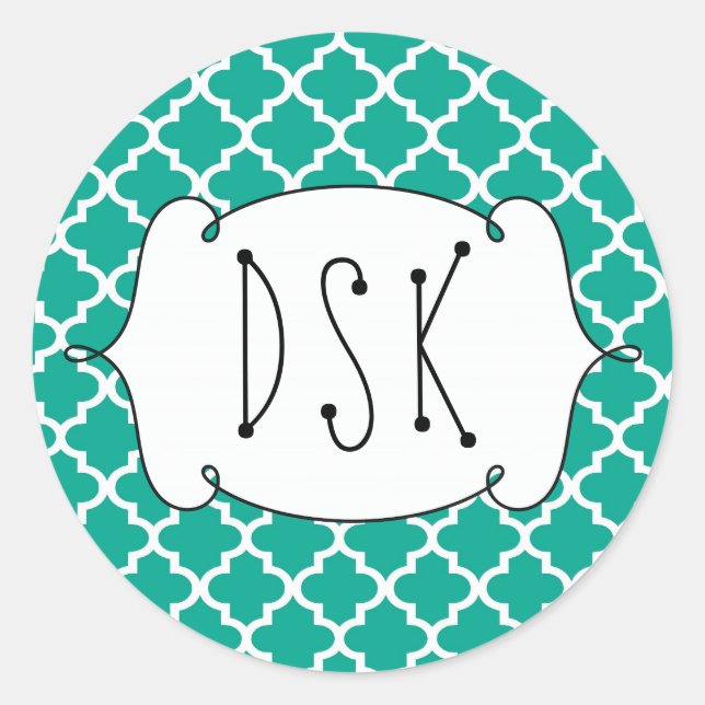 Squiggly fun teal simple Moroccan tile monogram Classic Round Sticker (Front)