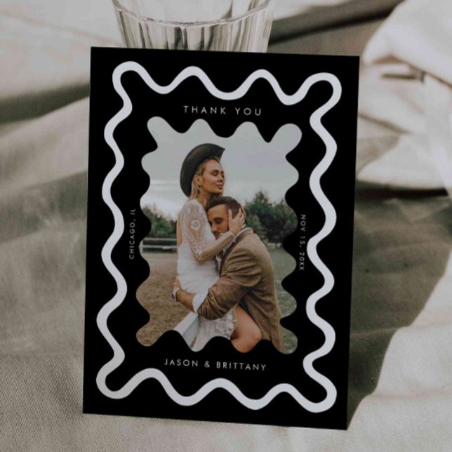 Squiggly Hand Drawn Line Black Wedding Photo Thank You Card (Creator Uploaded)