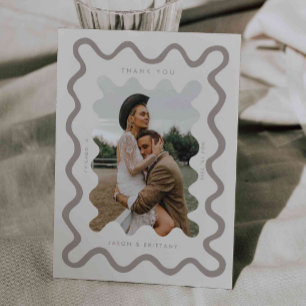 Squiggly Hand Drawn Line Cream Wedding Photo Thank You Card