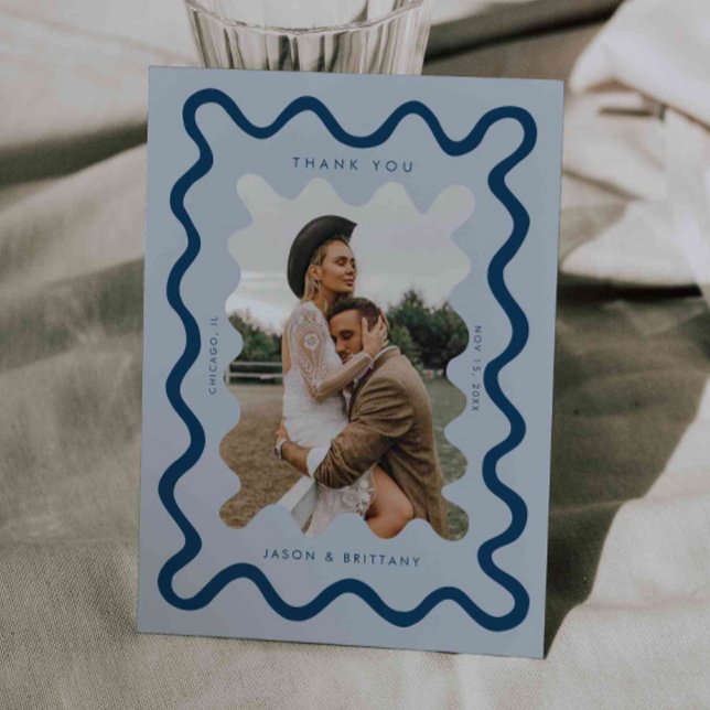Squiggly Hand Drawn Line Navy Blue Wedding Photo Thank You Card (Creator Uploaded)