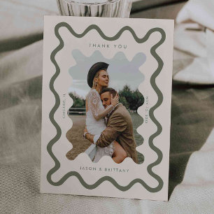 Squiggly Hand Drawn Line Olive Green Wedding Photo Thank You Card