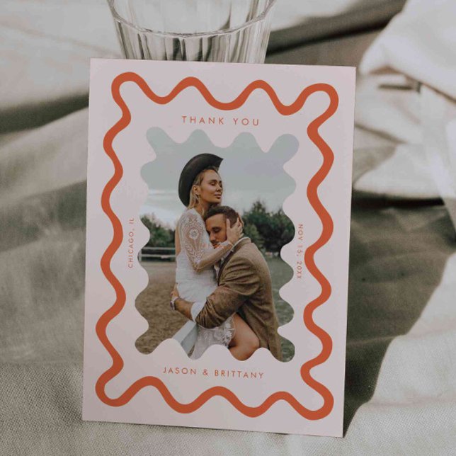 Squiggly Hand Drawn Line Orange Wedding Photo Thank You Card (Creator Uploaded)