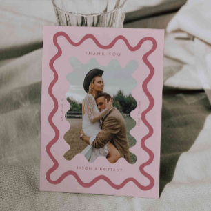 Squiggly Hand Drawn Line Pink Wedding Photo Thank You Card