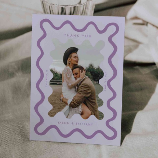 Squiggly Hand Drawn Line Purple Wedding Photo Thank You Card (Creator Uploaded)