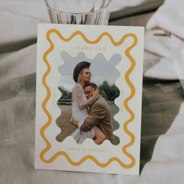 Squiggly Hand Drawn Line Yellow Wedding Photo Thank You Card (Creator Uploaded)
