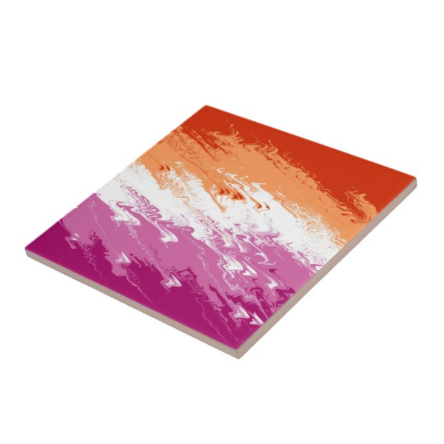 Squiggly Trippy Groovy Abstract Lesbian Pride Flag Ceramic Tile (Side)