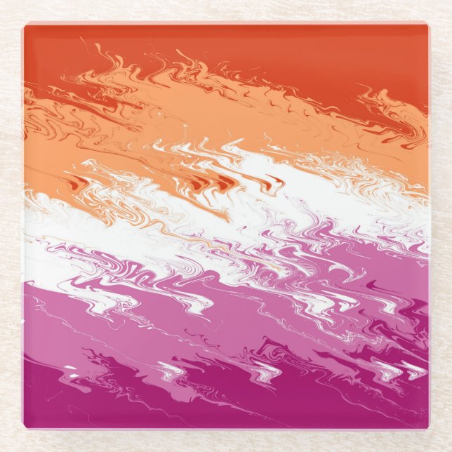 Squiggly Trippy Groovy Abstract Lesbian Pride Flag Glass Coaster (Front)