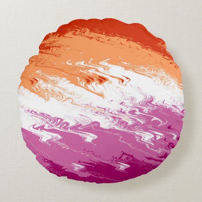 Squiggly Trippy Groovy Abstract Lesbian Pride Flag Round Cushion (Front)