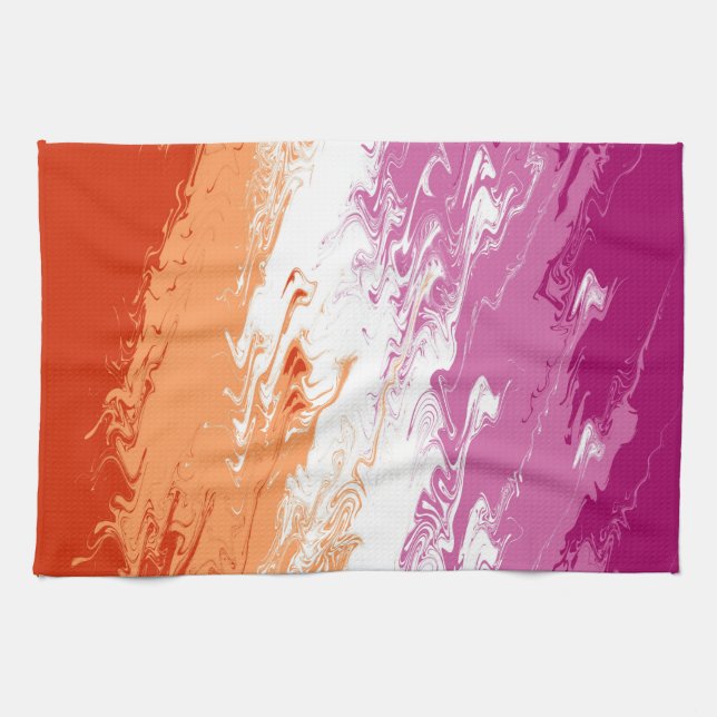 Squiggly Trippy Groovy Abstract Lesbian Pride Flag Tea Towel (Horizontal)