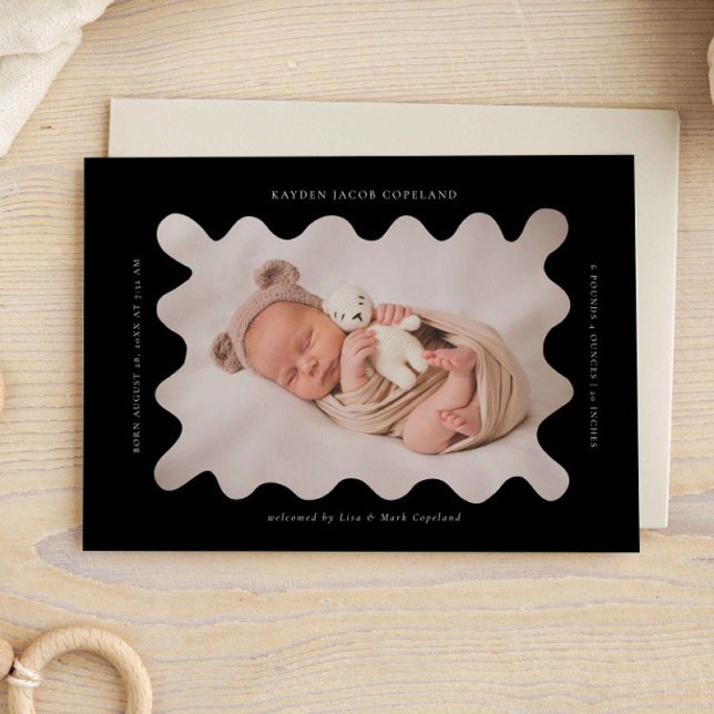 Squiggly Wavy Black Frame Birth Announcement Photo (Creator Uploaded)