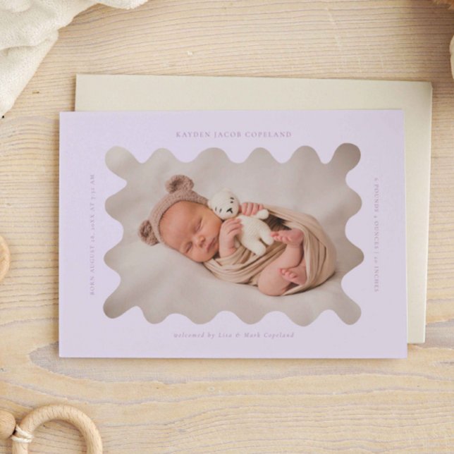 Squiggly Wavy Purple Birth Announcement Photo (Creator Uploaded)