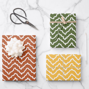 Squiggly White Chevron On Terracotta Green Yellow Wrapping Paper Sheet