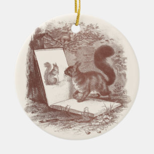 Squirrel Admires Sketch of Self Ceramic Ornament