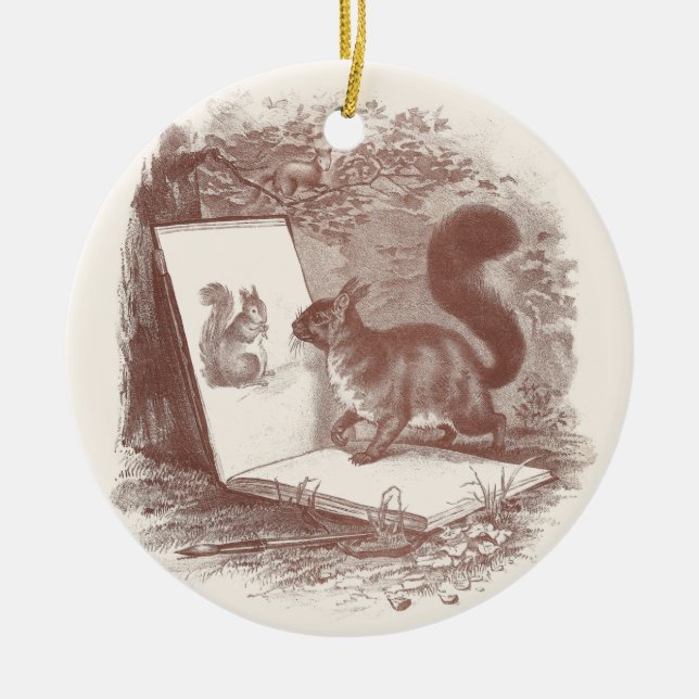 Squirrel Admires Sketch of Self Ceramic Ornament (Front)