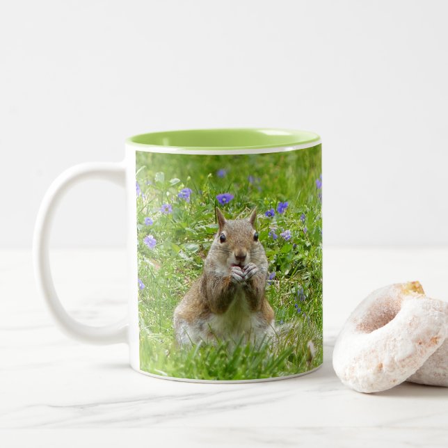 Squirrel Amongst Wild Violets Two-Tone Coffee Mug (With Donut)