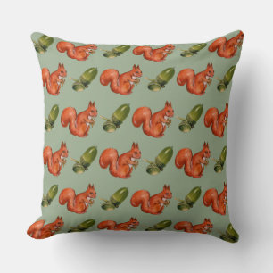 Squirrel and Acorn Pattern Green Cushion
