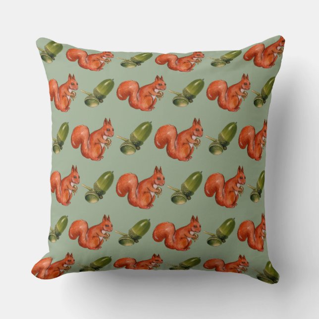Squirrel and Acorn Pattern Green Cushion (Front)
