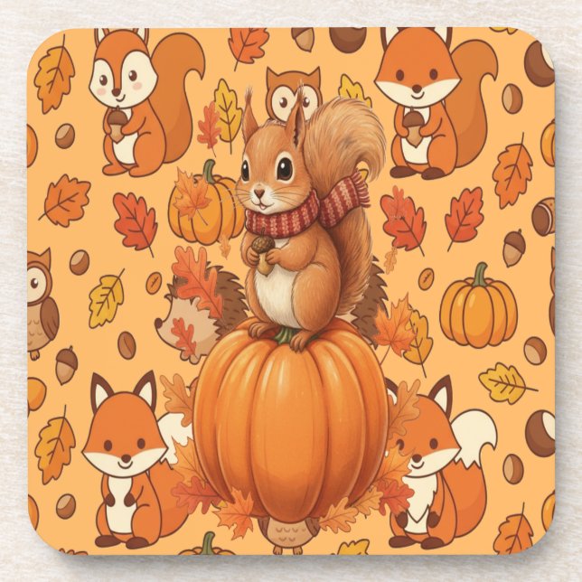 Squirrel and Acorns Cute Fall Forest Design  Coaster (Front)