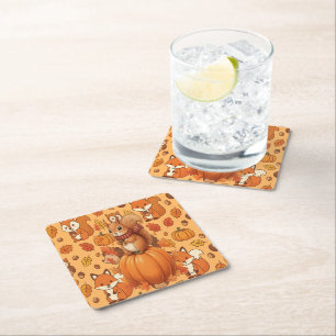Squirrel and Acorns Cute Fall Forest Design Square Paper Coaster